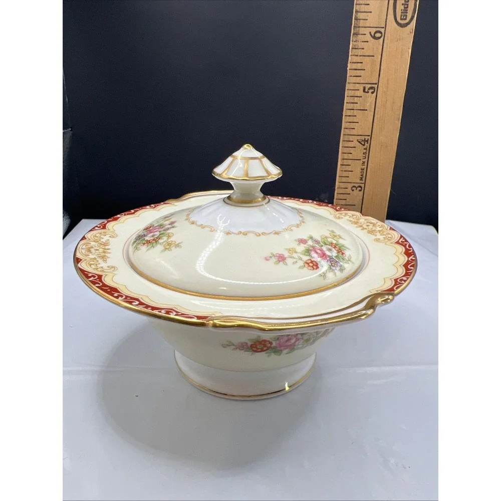Vintage Noritake Covered Sugar Bowl M Wreath Gold Maroon Floral 1930s Japan